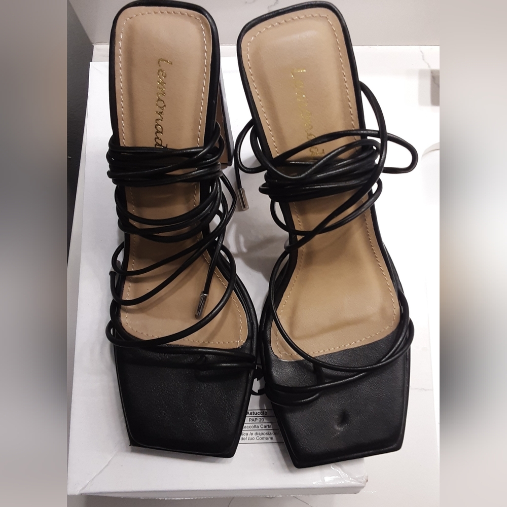 Women's black block heels with straps